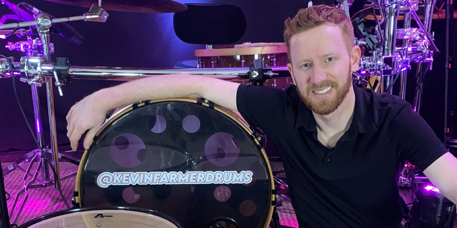 Kevin Farmer Drumming for Parkinson next to his drum set